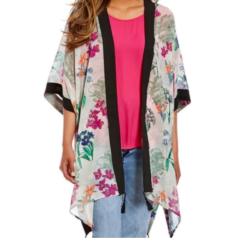 Gibson Latimer multi jewel tone floral& Palm Ruana. W/ black piping . NWT